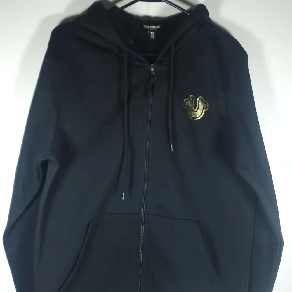 True Religion Men's Sz M Black Metallic Buddha Logo Long Sleeve Full Zip Hoodie